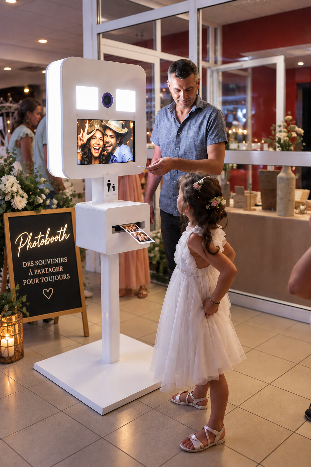 Invités utilisant un photobooth avec impression instantanée lors d’un mariage